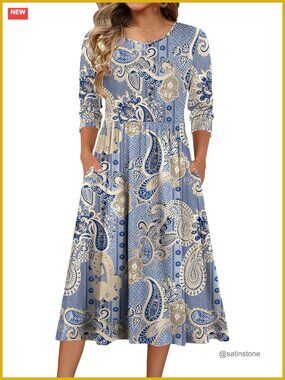 Flowy A-Line Midi Tshirt Dress with Pockets 3/4 Sleeve Crewneck